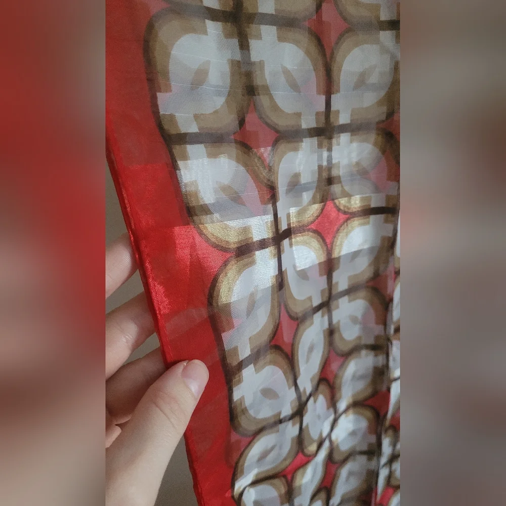 Silky Semi Sheer Patterned Scarf, Red, Cream & Tan